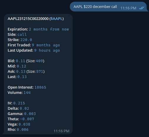 Image of the telegram bot providing options info.